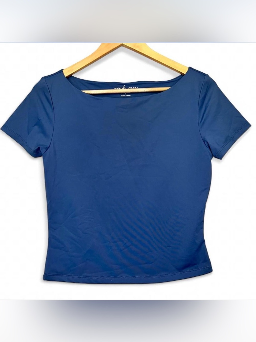 Pink Rose Silky Knit Blue Boatneck Short Sleeve Top Cropped Fitted Juniors Large
